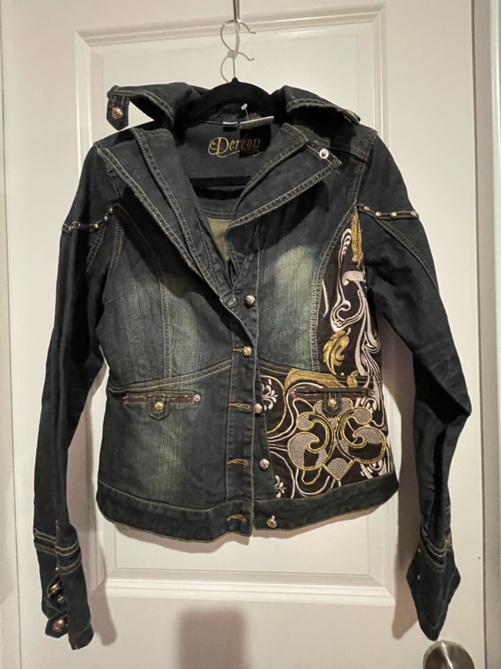 Dereon Black Denim Jacket with Gold Embroidery